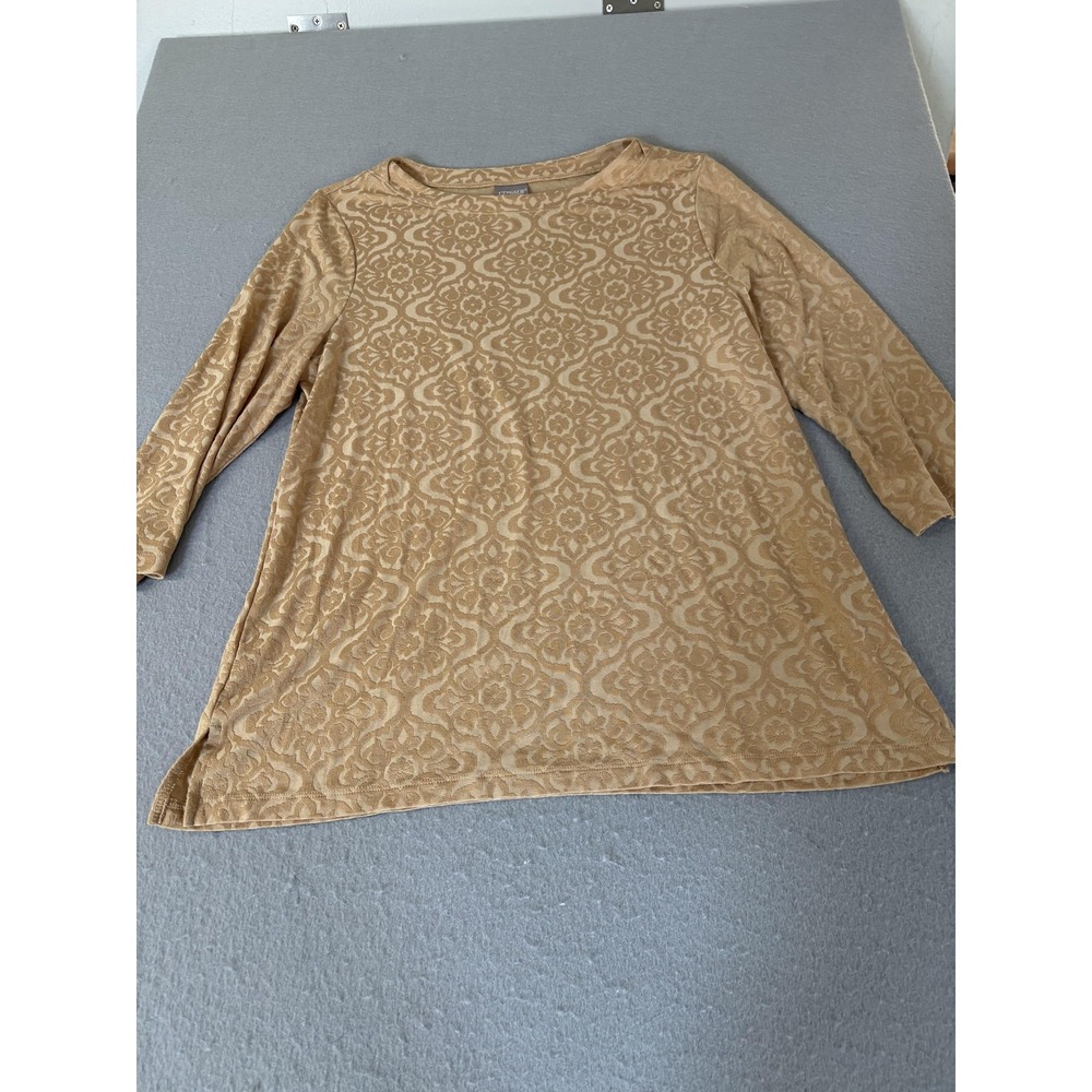 Chicos Shirt Womens 2 Tan Brown Jacquard Pattern 3/4 Sleeve Stretch Pullover Top